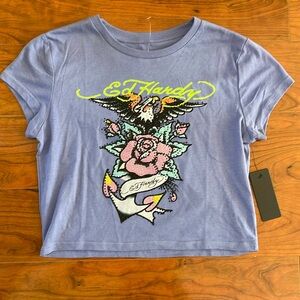 NWT Ed Hardy Pale Blue Short Sleeve Cropped Rhinestone Baby Doll Tee Shirt